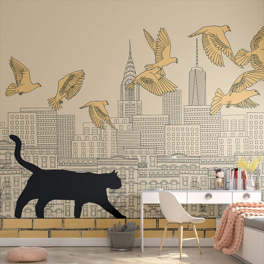 Kat loopt op een muur met vliegende vogels in de lucht Kat loopt op een muur met vliegende vogels in de lucht