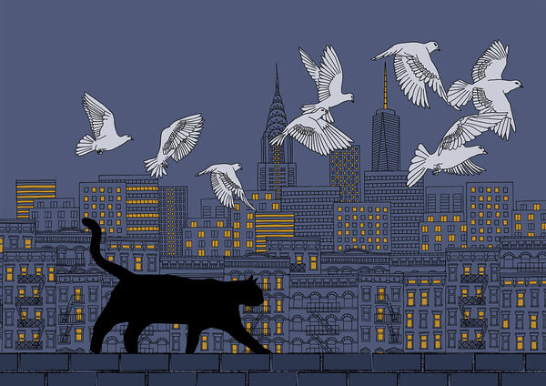 Kat loopt op een muur met vliegende vogels in de lucht Kat loopt op een muur met vliegende vogels in de lucht