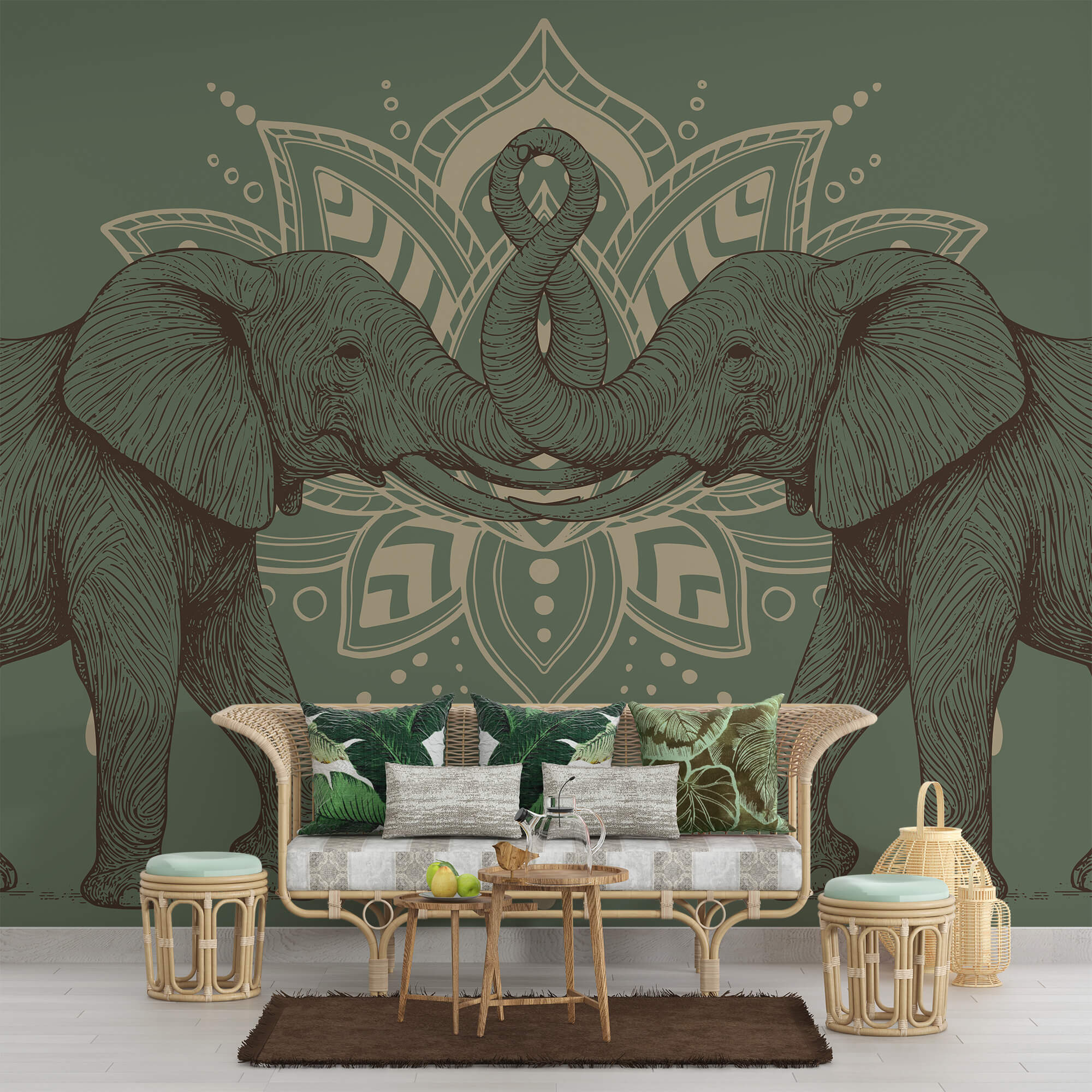 Twee olifanten met hun slurven tegen elkaar aan