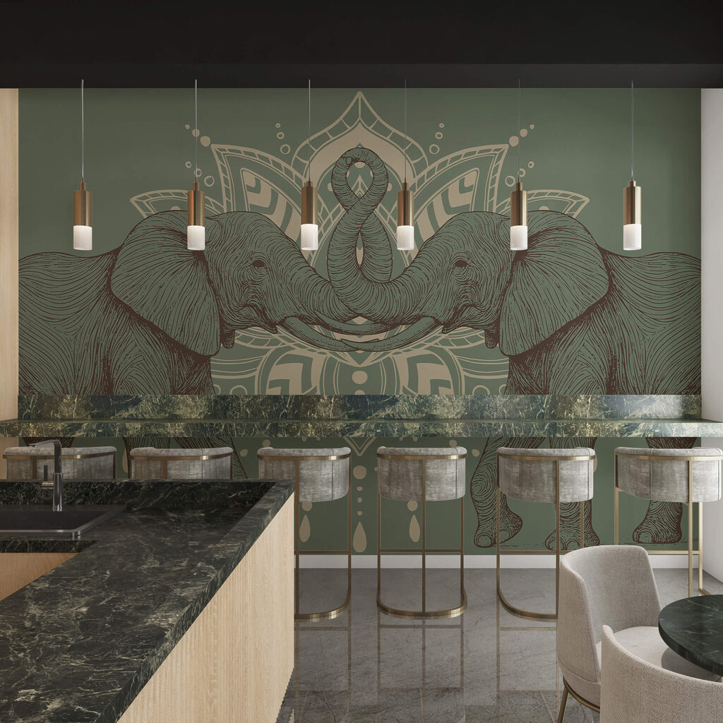 Twee olifanten met hun slurven tegen elkaar aan