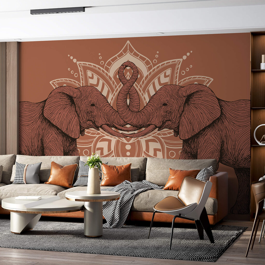 Twee olifanten met hun slurven tegen elkaar aan