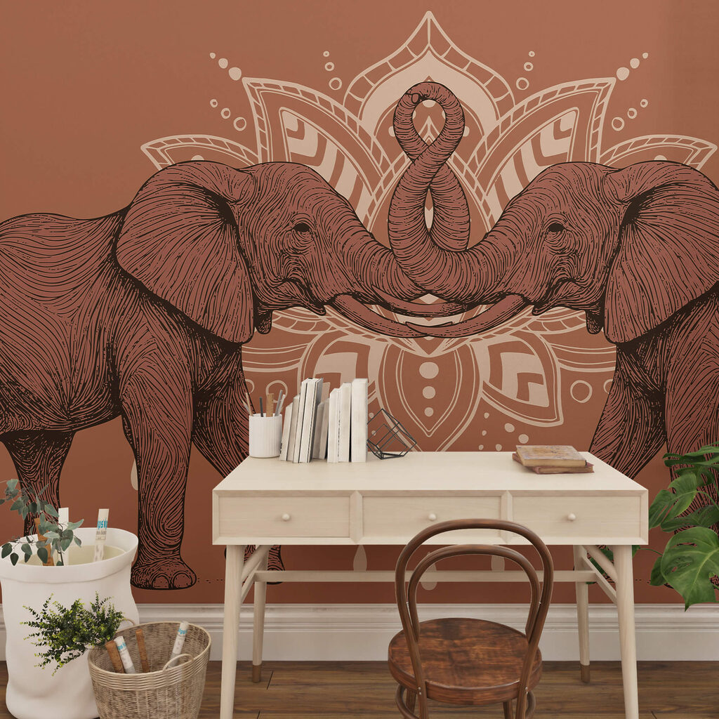 Twee olifanten met hun slurven tegen elkaar aan