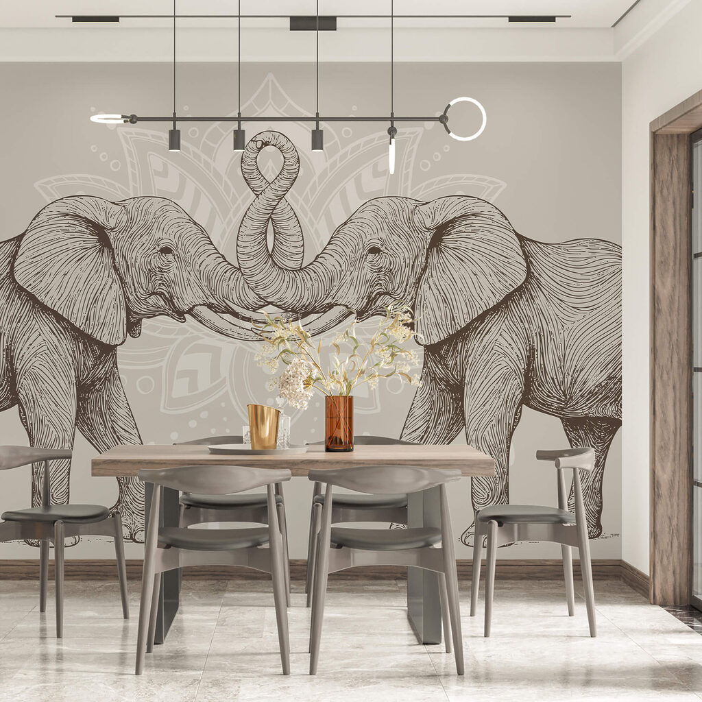 Twee olifanten met opgekrulde slurven