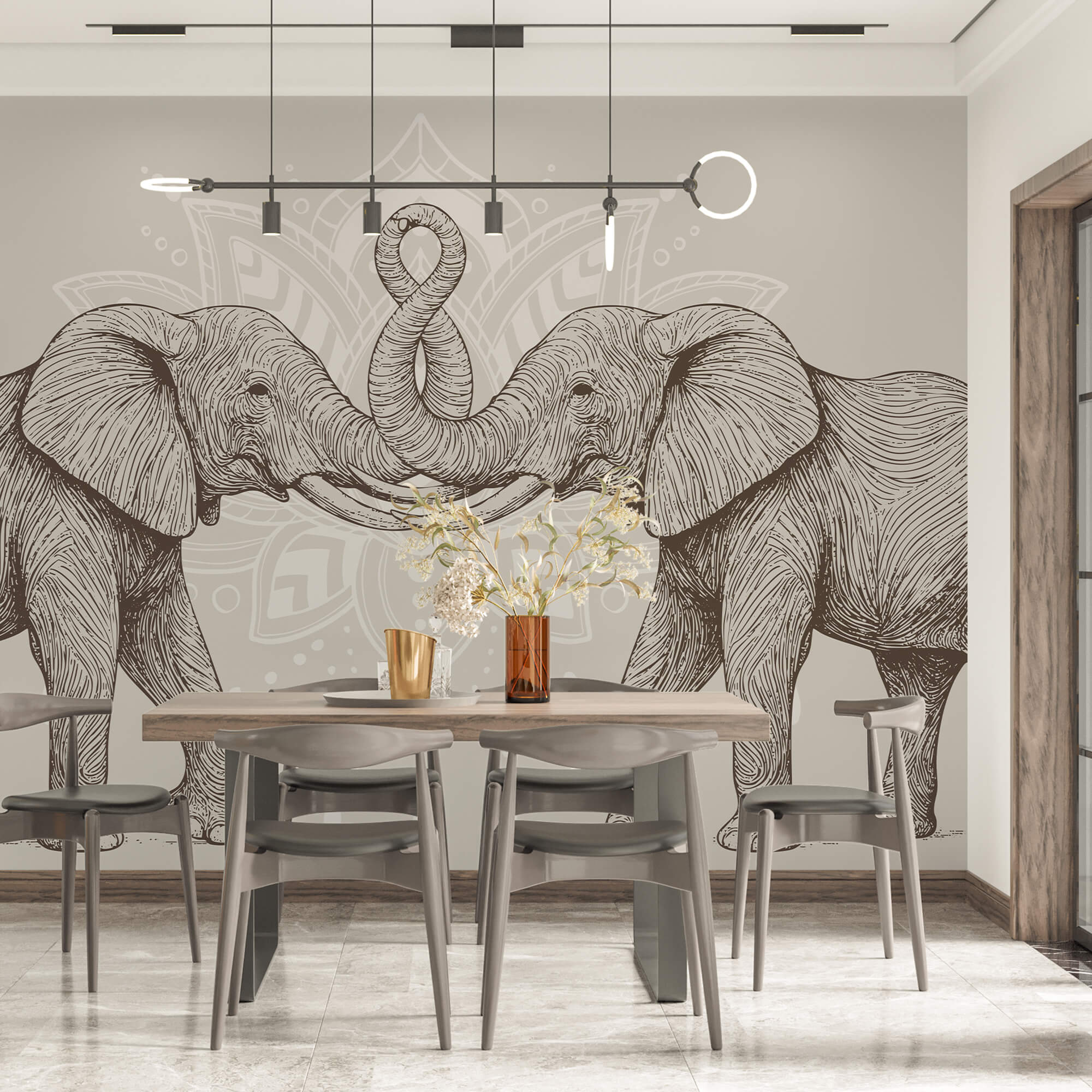 Twee olifanten met opgekrulde slurven