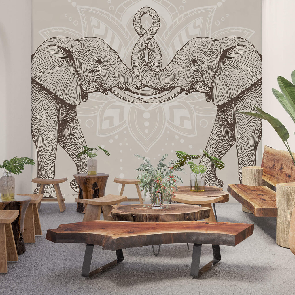 Twee olifanten met opgekrulde slurven