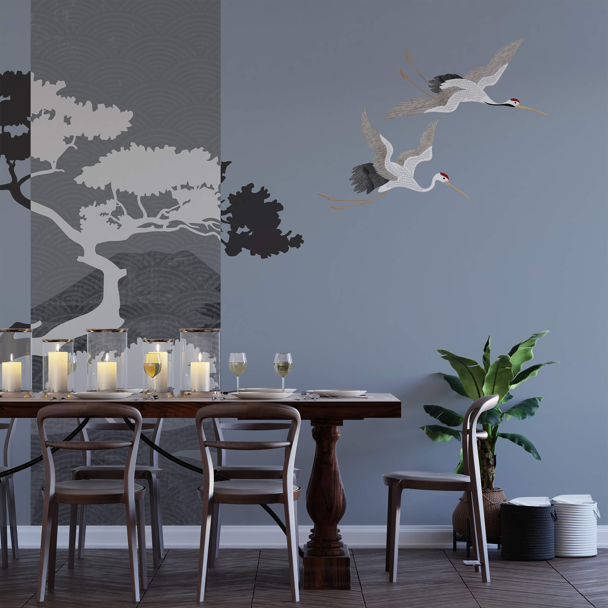 Een paar kraanvogels vliegen naast een boom Een paar kraanvogels vliegen naast een boom