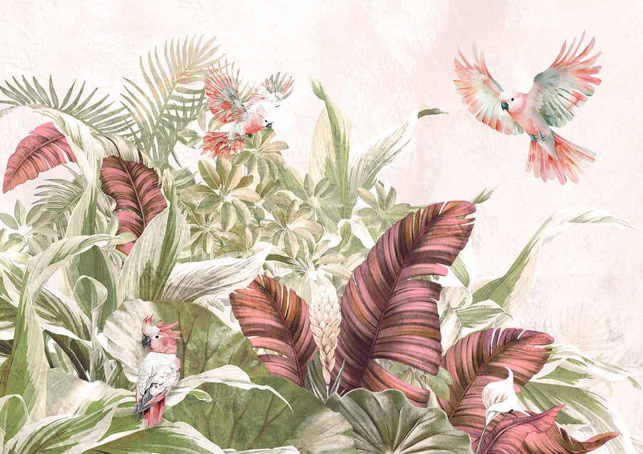 Fotobehang Schilderij van vogels die over een plant vliegen - Afbeelding 4