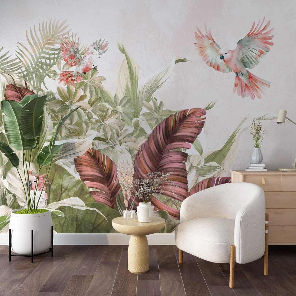 Schilderij van vogels die over een plant vliegen Schilderij van vogels die over een plant vliegen