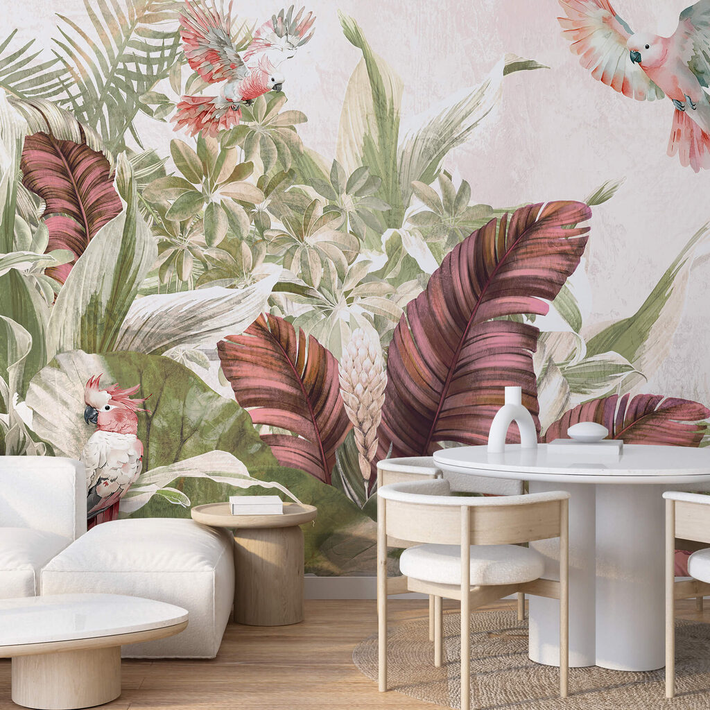 Schilderij van vogels die over een plant vliegen Schilderij van vogels die over een plant vliegen