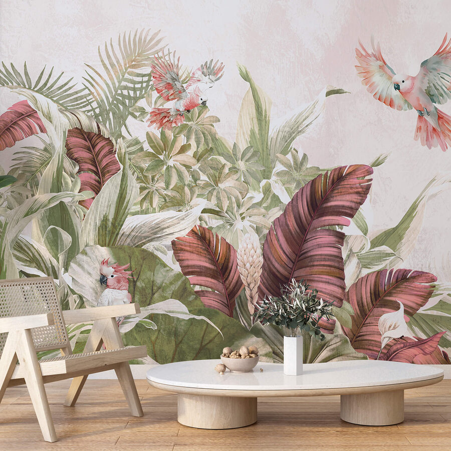 Fotobehang Schilderij van vogels die over een plant vliegen