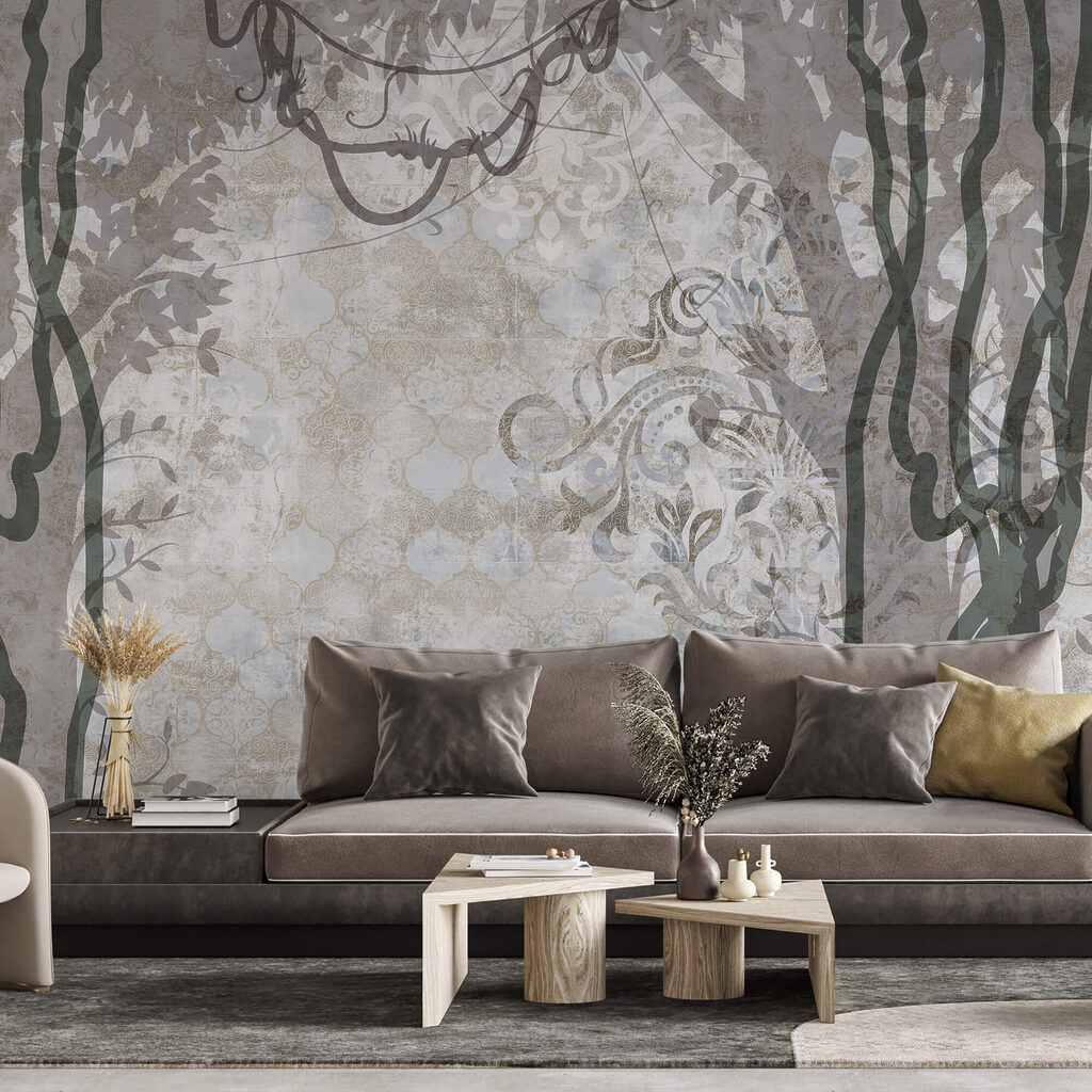 Witte muur met wijnranken en bladeren