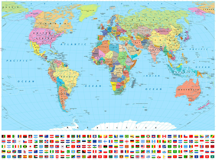 Kaart van de wereld met verschillende vlaggen