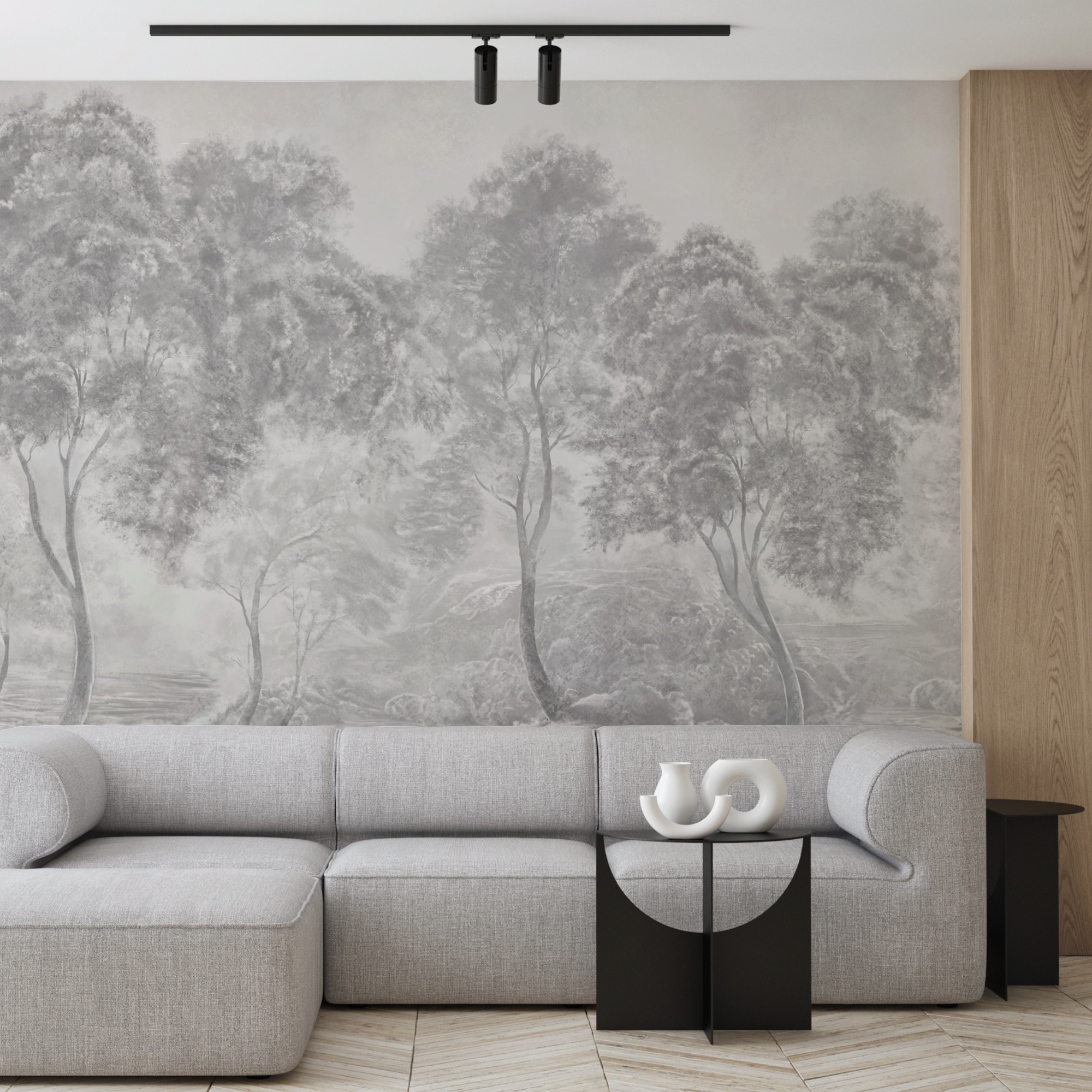 Groep bomen in een mistig landschap