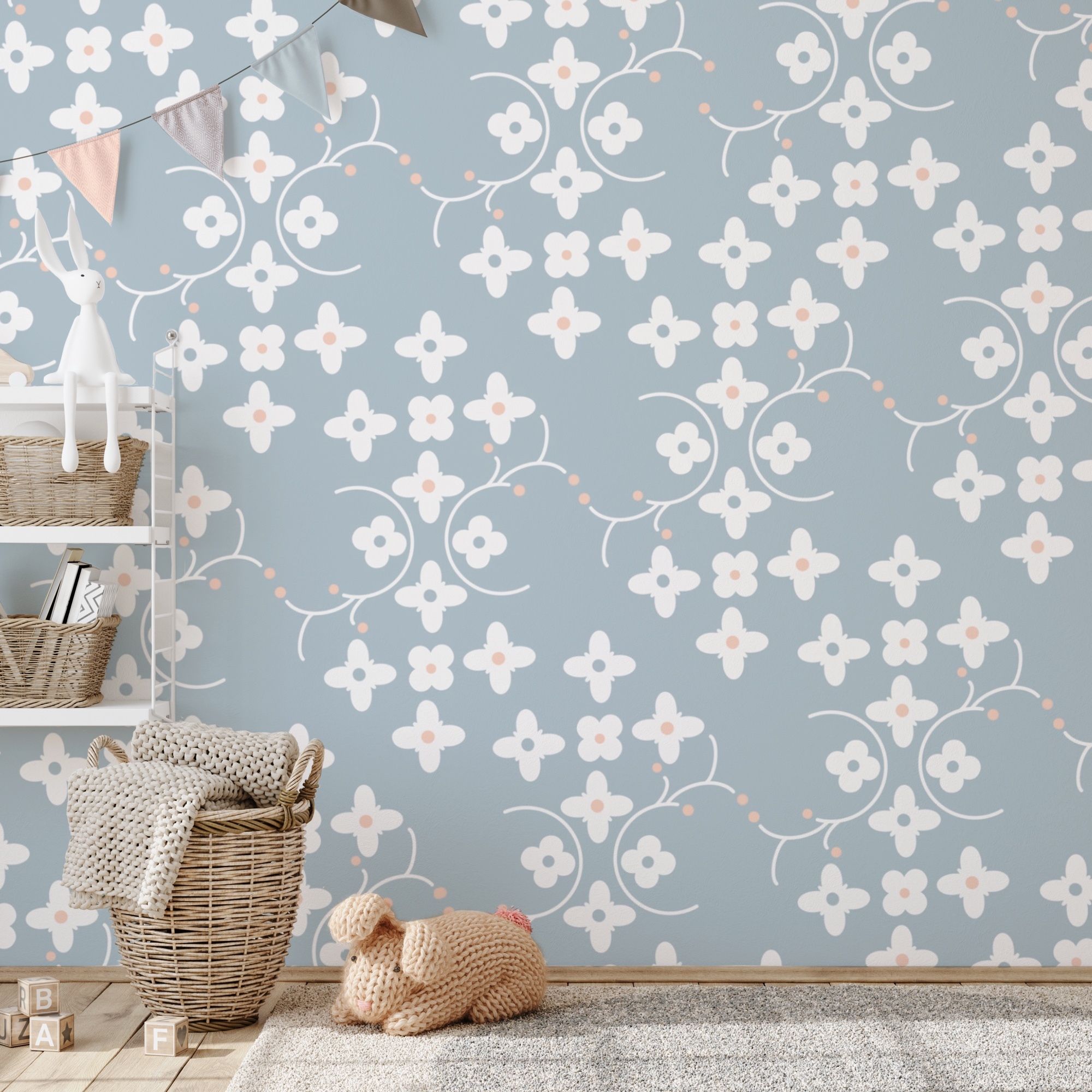 Patroon van witte bloemen en roze stippen op een blauwe achtergrond Patroon van witte bloemen en roze stippen op een blauwe achtergrond