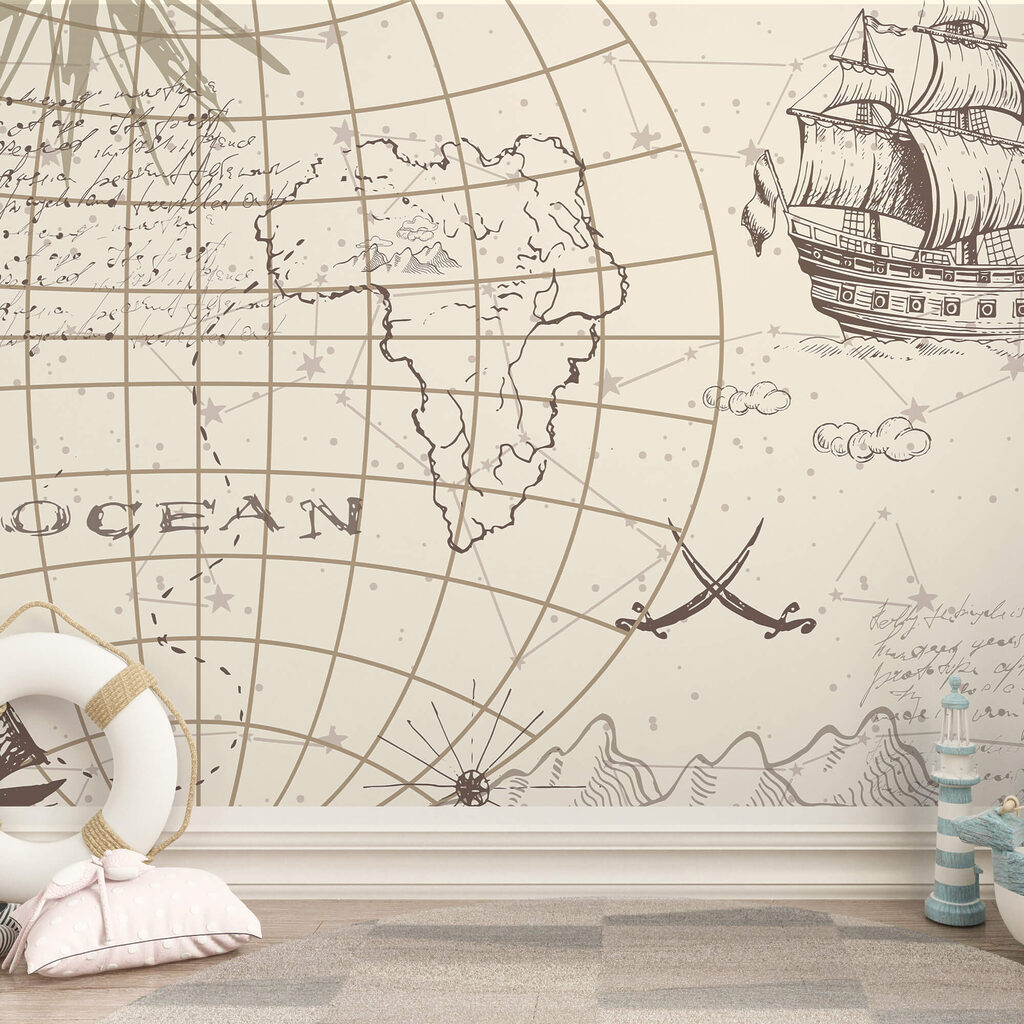Kaart van de wereld en een schip Kaart van de wereld en een schip