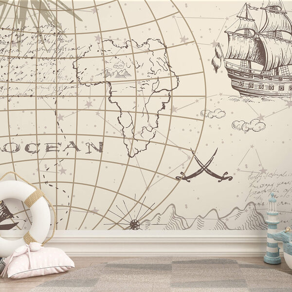 Kaart van de wereld en een schip Kaart van de wereld en een schip