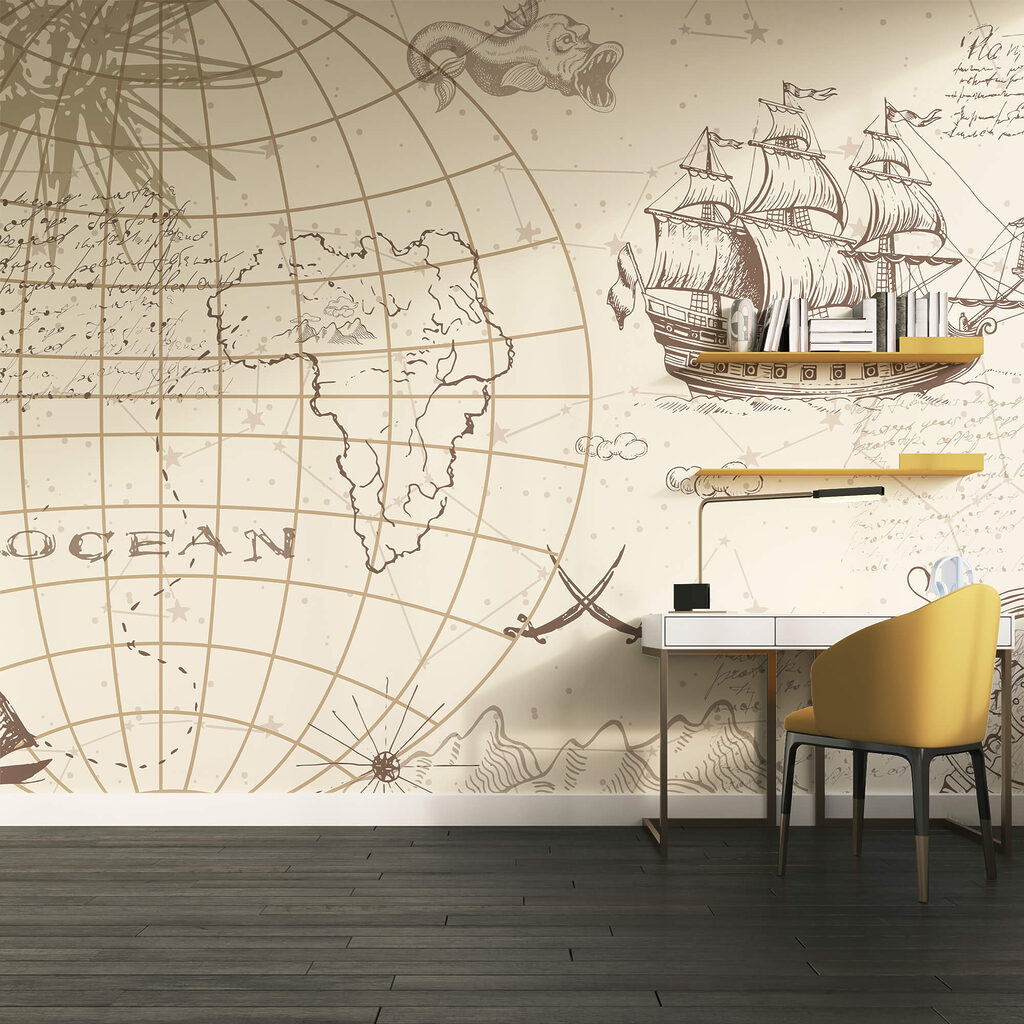 Kaart van de wereld en een schip Kaart van de wereld en een schip