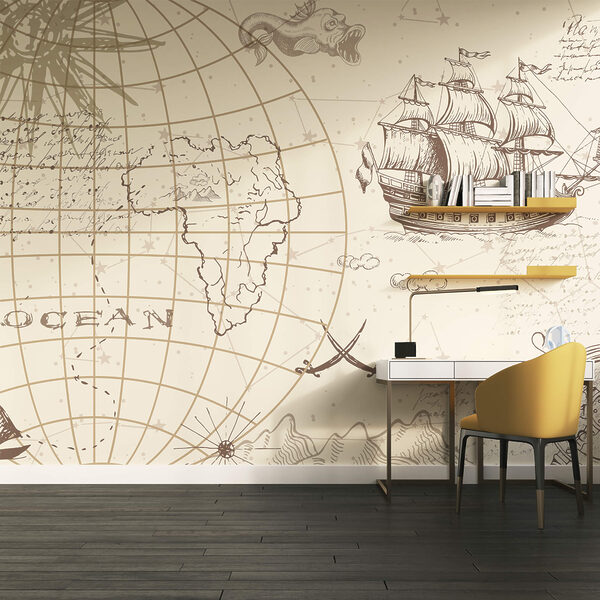 Kaart van de wereld en een schip Kaart van de wereld en een schip