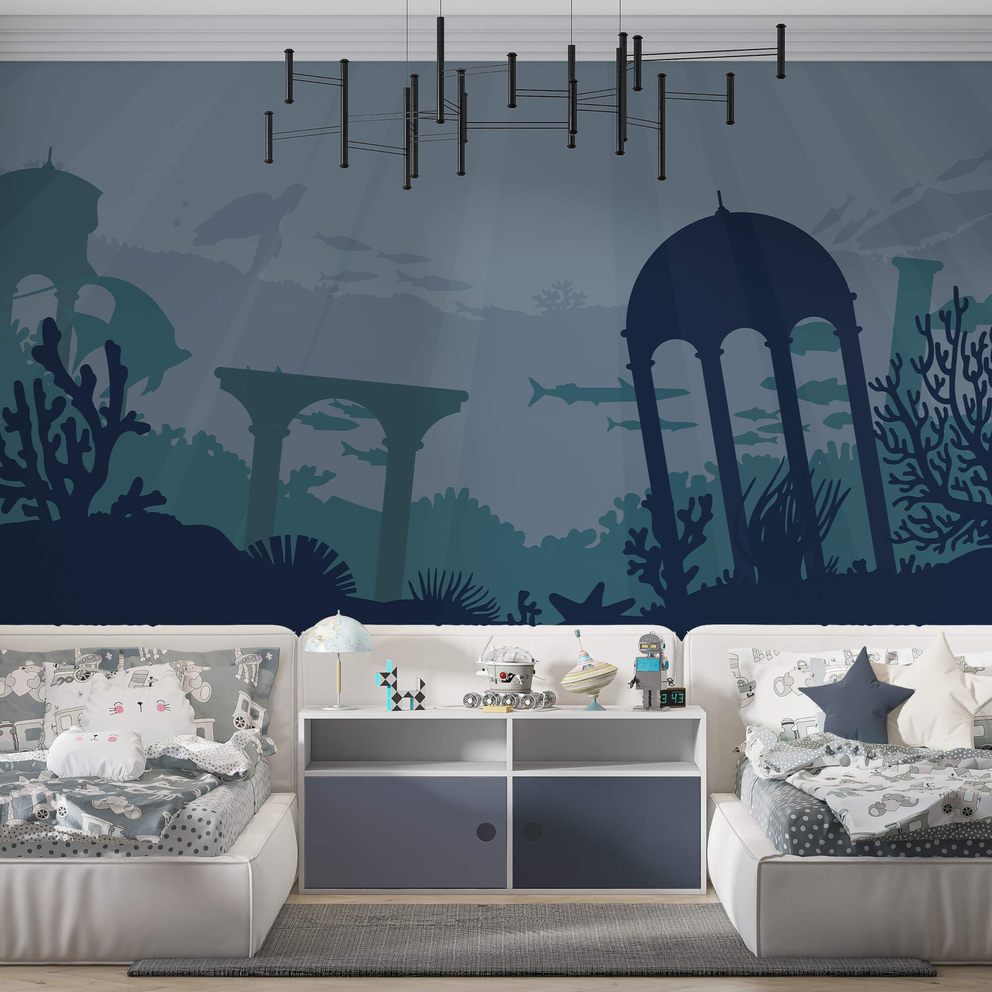 Silhouet van een gebouw en zeeplanten