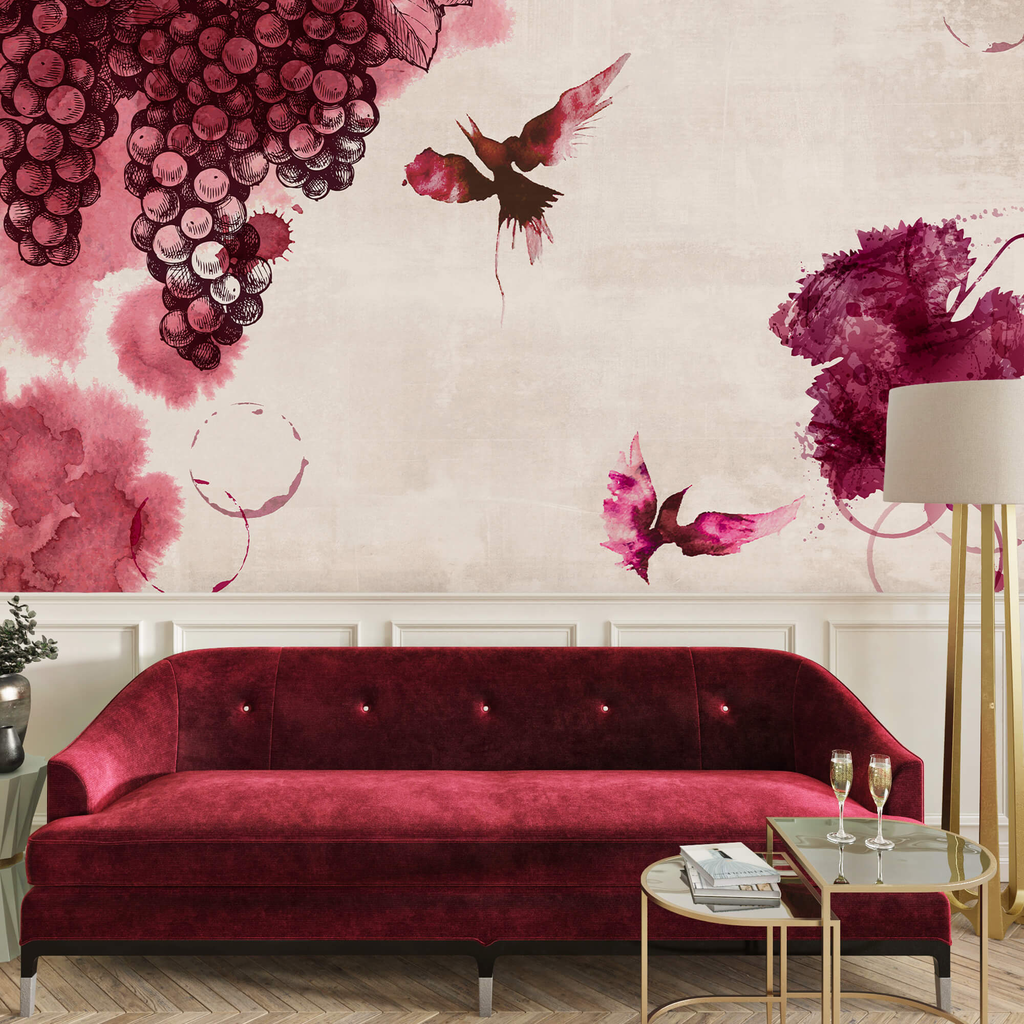 Schilderij van vogels en druiven