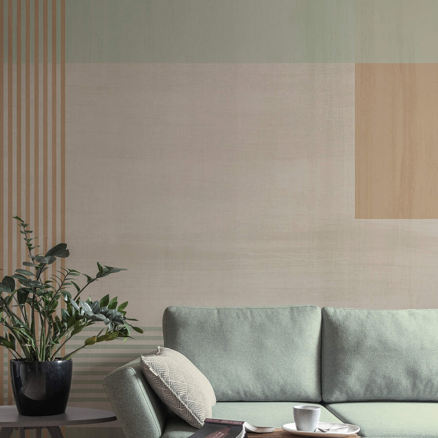 Muurschilderingen Abstracte vormen en zachte kleuren vermengen zich.