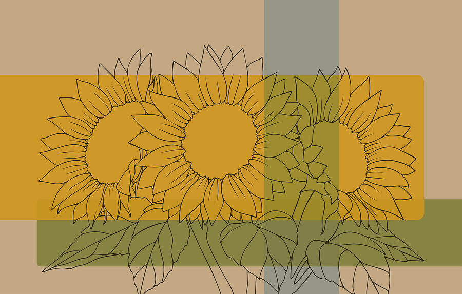Muurschilderingen Groep zonnebloemen met bladeren