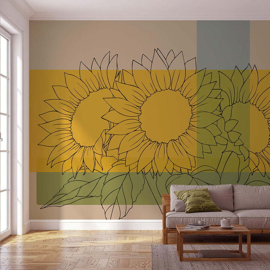 Muurschilderingen Groep zonnebloemen met bladeren