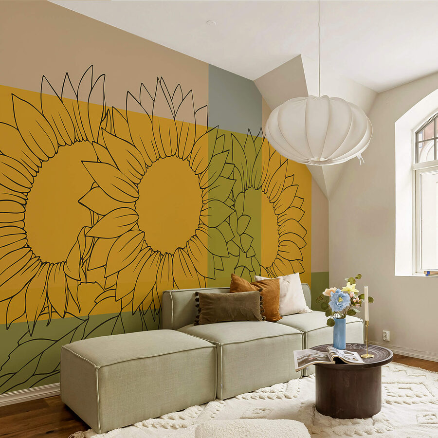 Muurschilderingen Groep zonnebloemen met bladeren