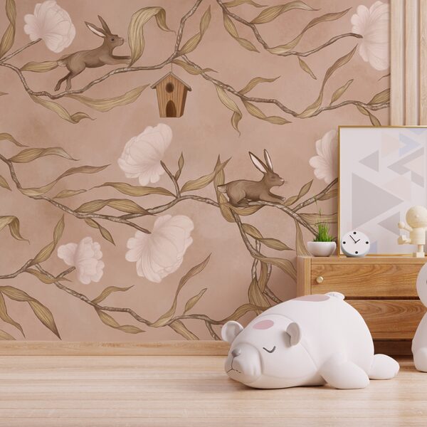 Behang met konijnen en bloemen Behang met konijnen en bloemen