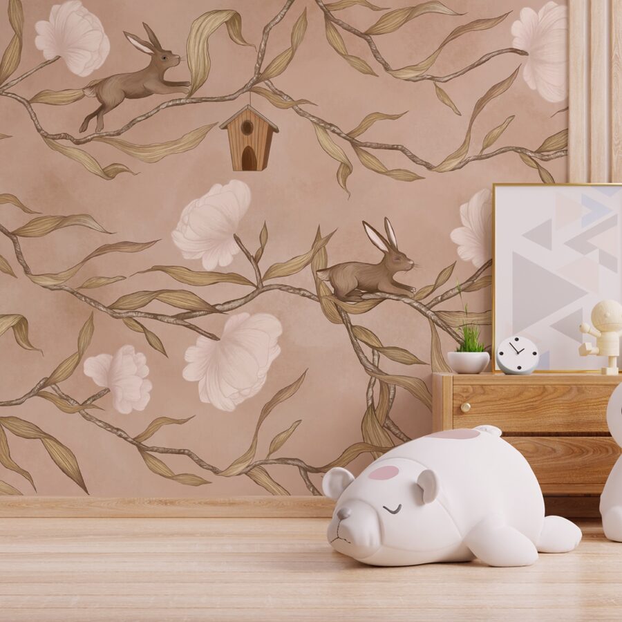 Behang met konijnen en bloemen