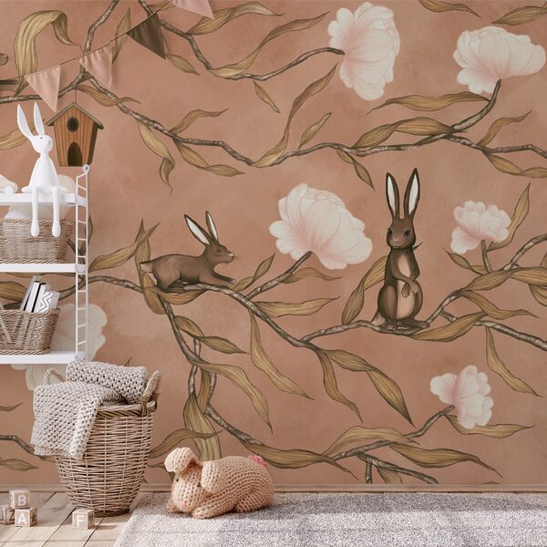 Behang met konijnen en bloemen Behang met konijnen en bloemen