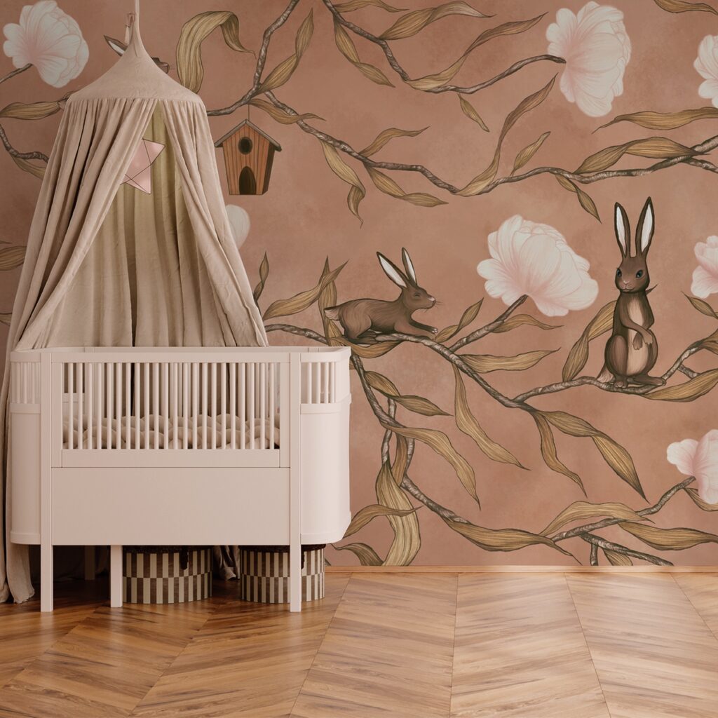 Behang met konijnen en bloemen