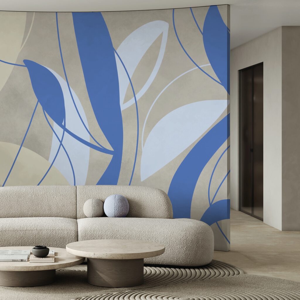 Blauwe en witte wervelingen op een grijze achtergrond