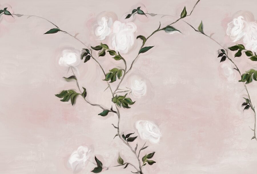 Schilderij van een tak met witte bloemen en groene bladeren