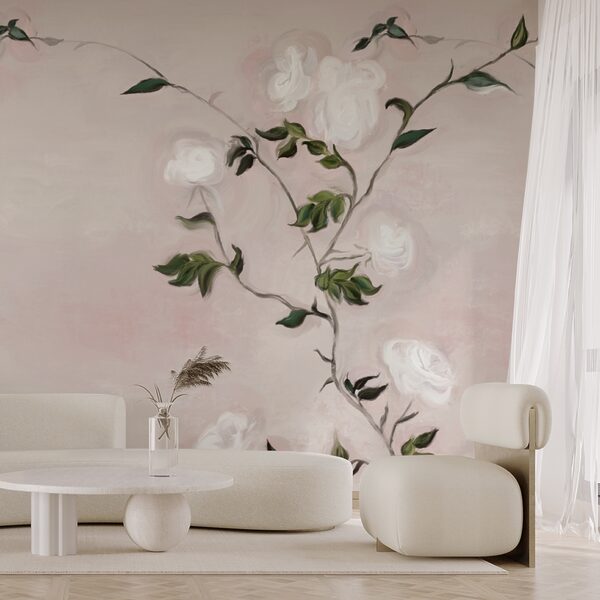 Schilderij van een tak met witte bloemen en groene bladeren Schilderij van een tak met witte bloemen en groene bladeren