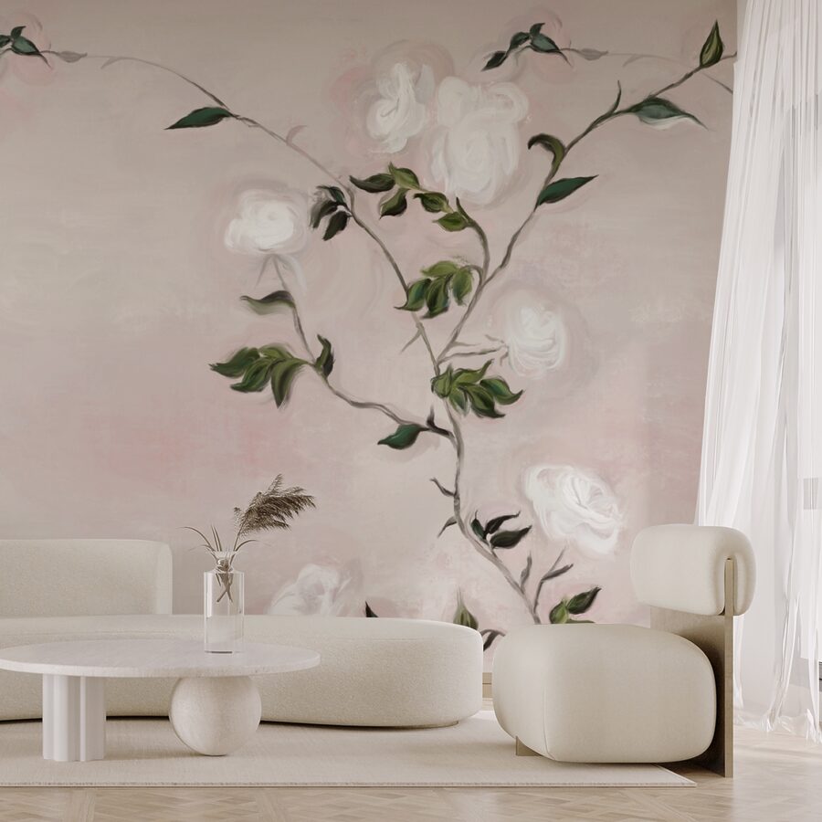 Schilderij van een tak met witte bloemen en groene bladeren