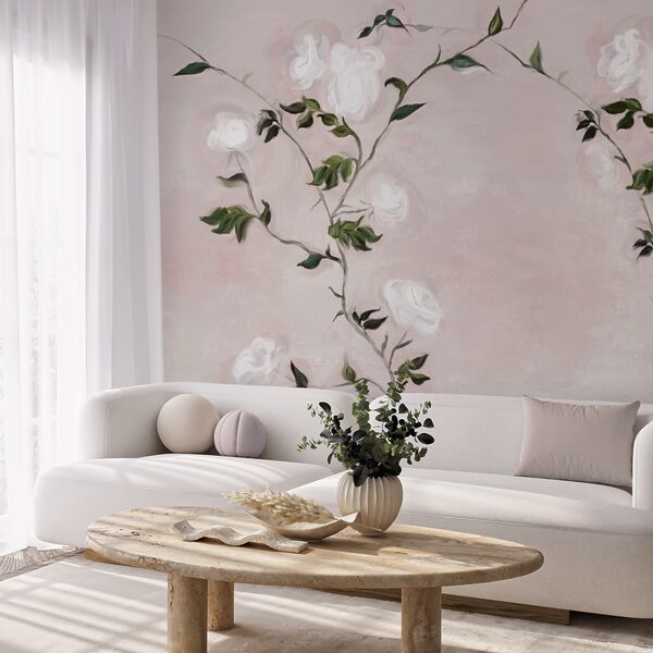 Schilderij van een tak met witte bloemen en groene bladeren Schilderij van een tak met witte bloemen en groene bladeren