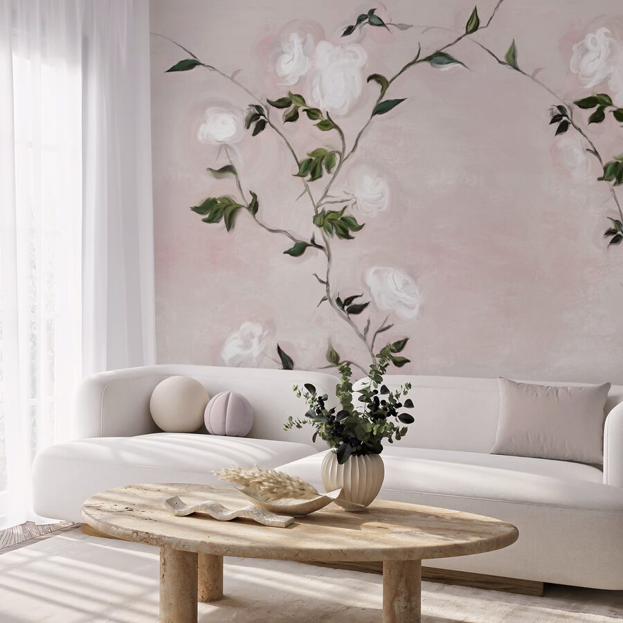 Schilderij van een tak met witte bloemen en groene bladeren