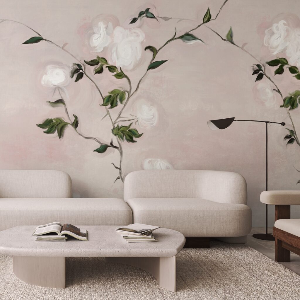 Schilderij van een tak met witte bloemen en groene bladeren Schilderij van een tak met witte bloemen en groene bladeren