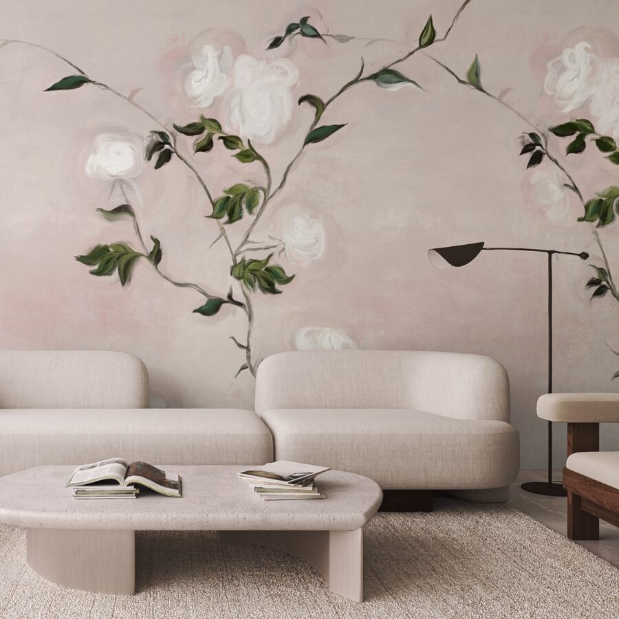Schilderij van een tak met witte bloemen en groene bladeren
