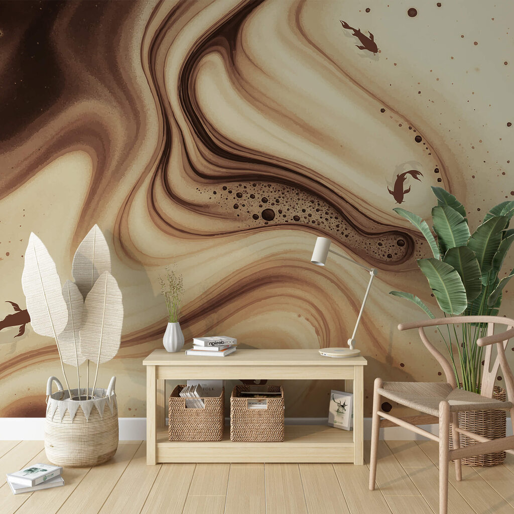 Bruine en witte golven met vissilhouetten