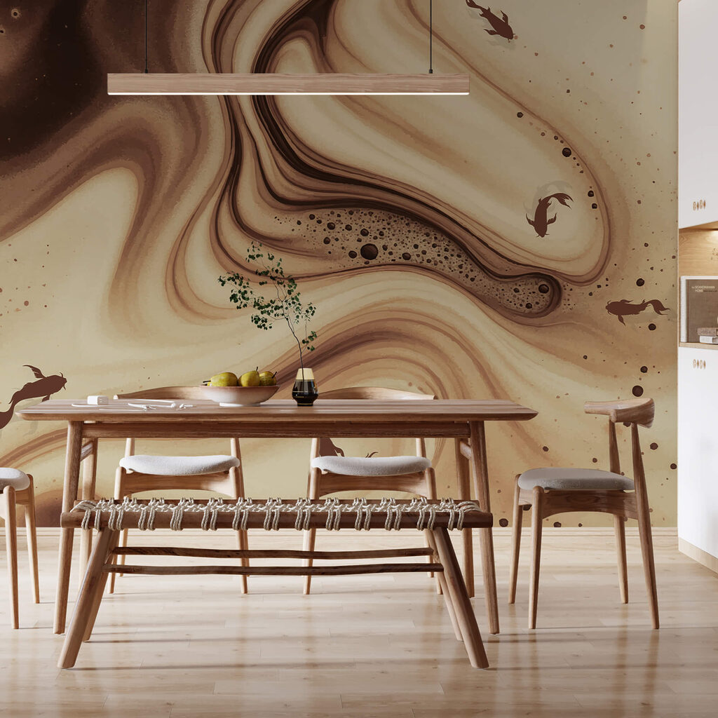 Bruine en witte golven met vissilhouetten