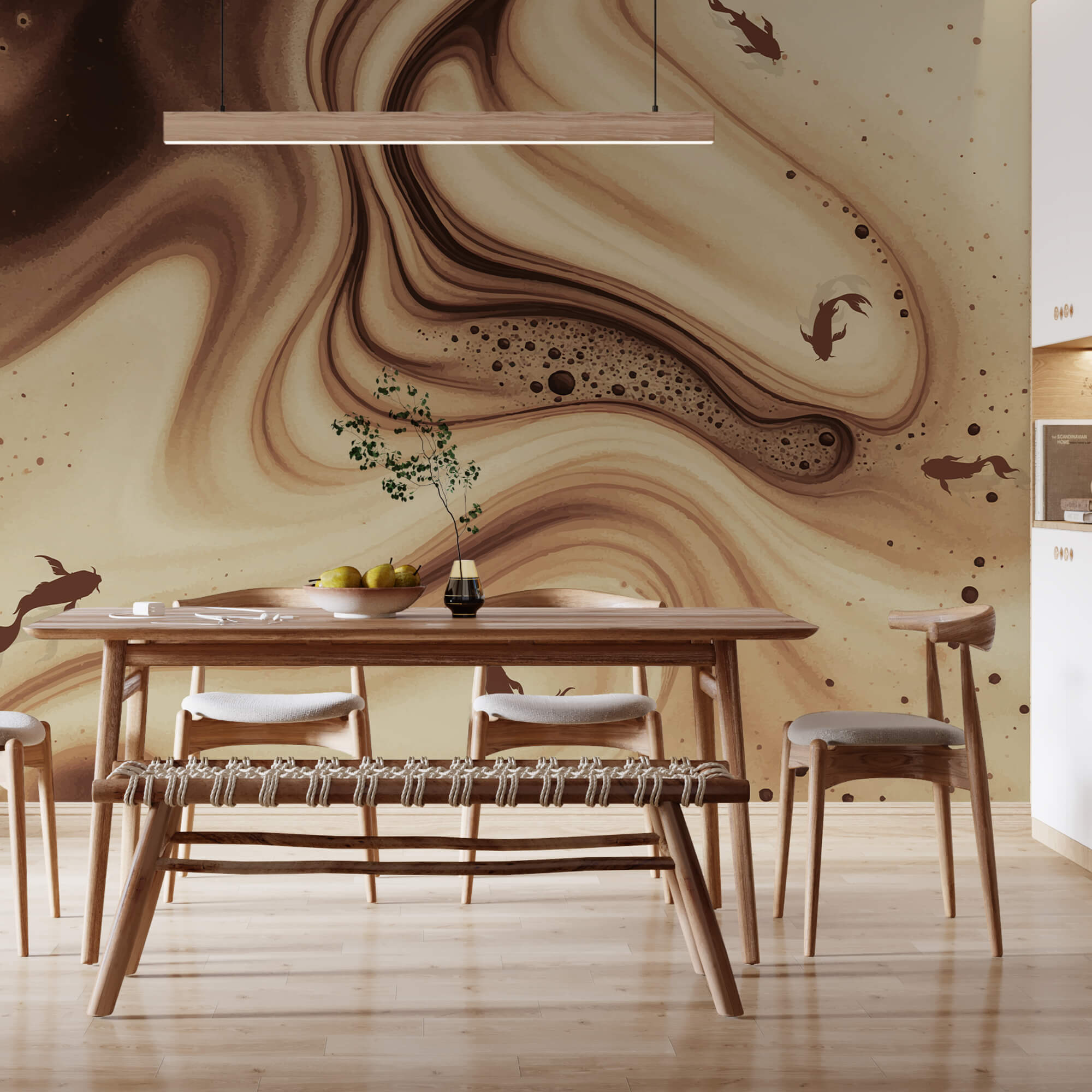 Bruine en witte golven met vissilhouetten