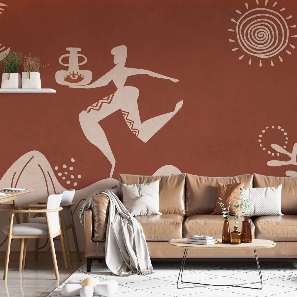 Tekening van een man met een pot en een pot op een berg