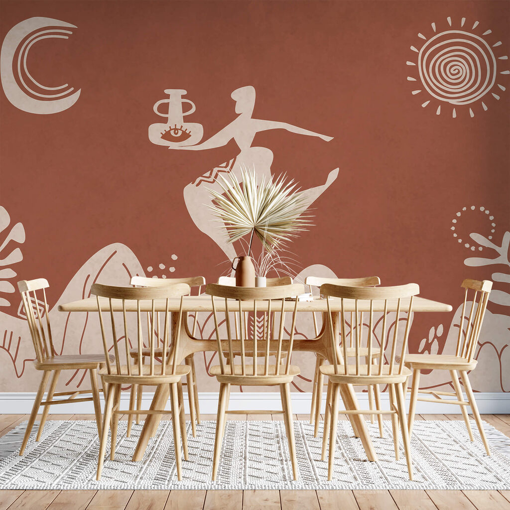 Tekening van een man met een pot en een pot op een berg