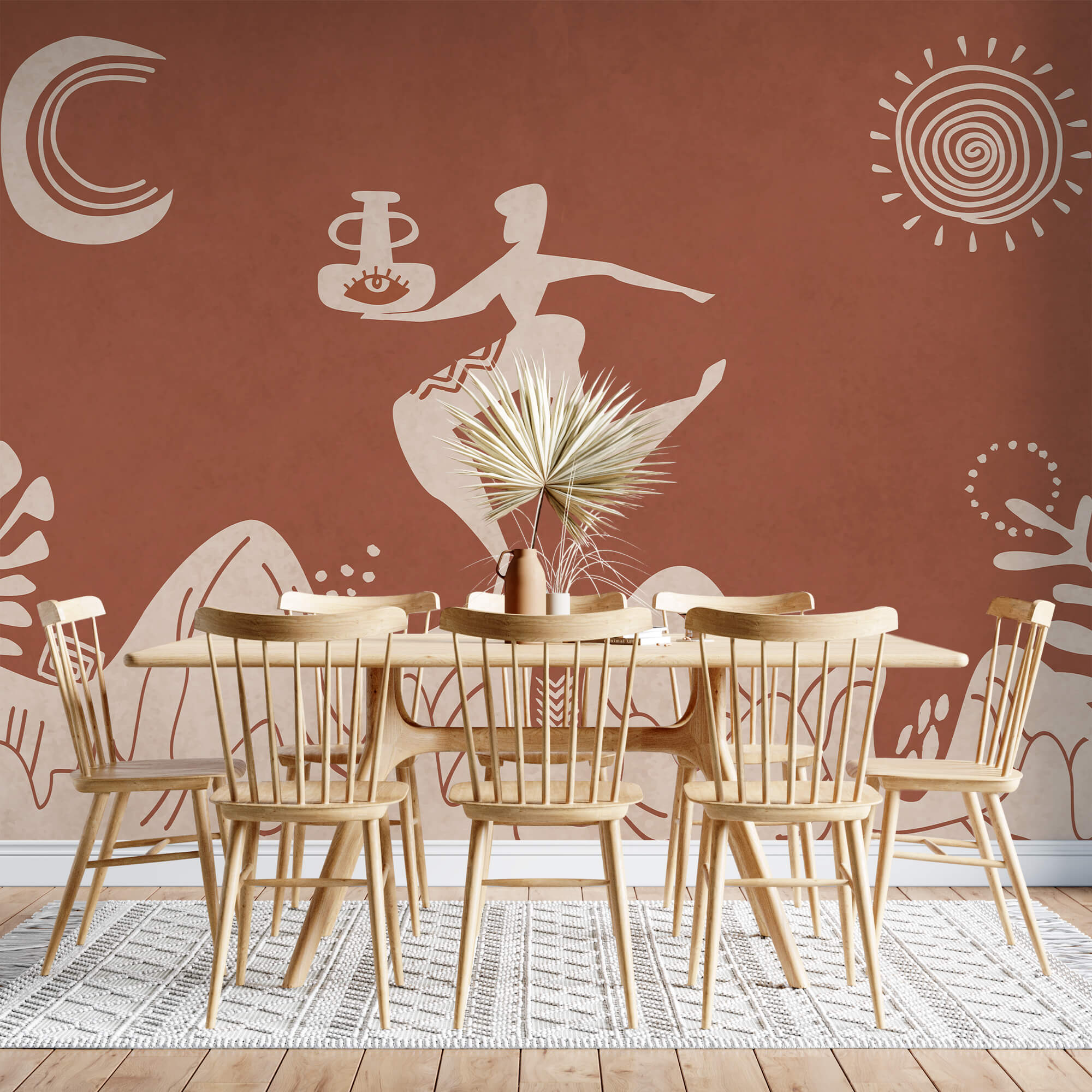 Tekening van een man met een pot en een pot op een berg