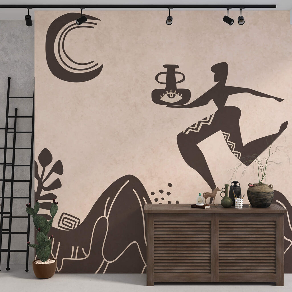 Tekening van een man met een pot en een pot op een berg