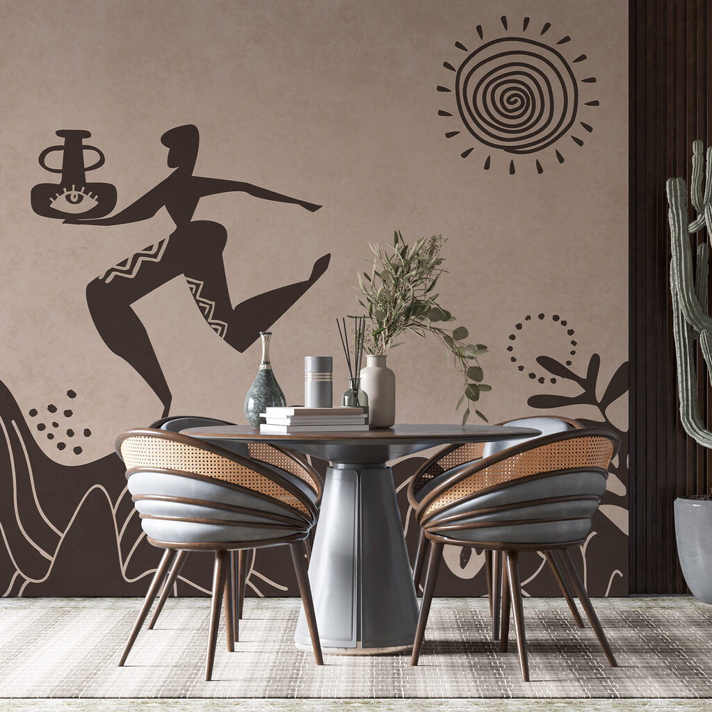 Tekening van een man met een pot en een pot op een berg