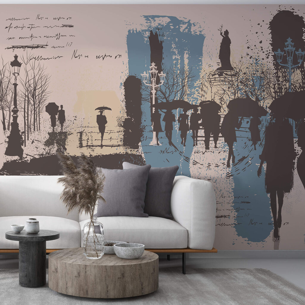 Groep mensen aan het wandelen met paraplu's