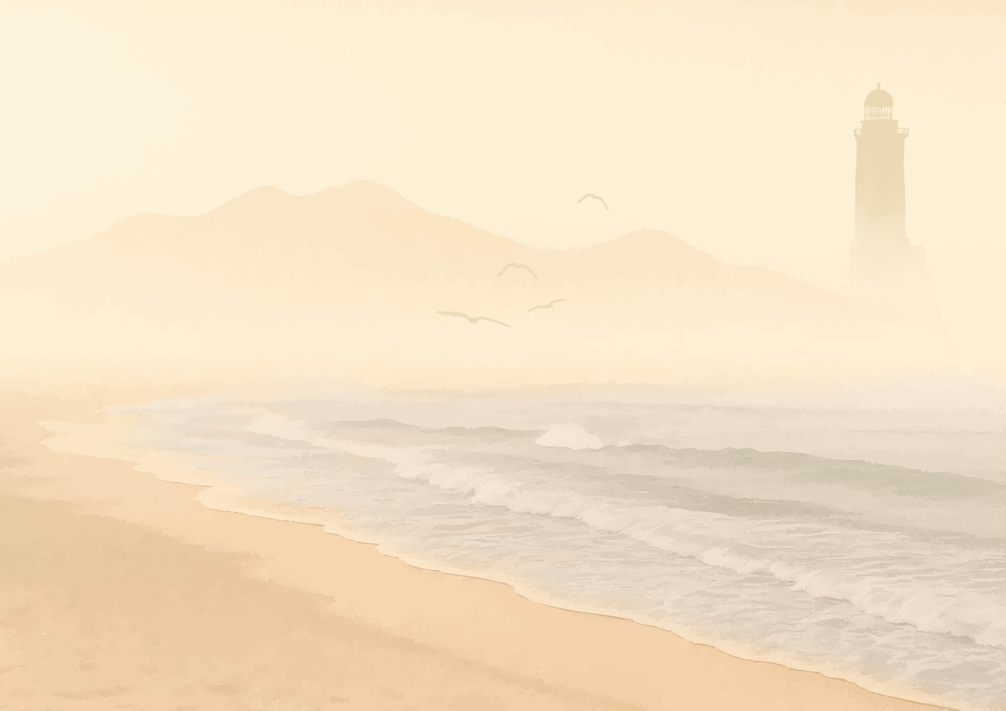 Beach with waves and birds